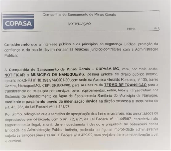 COPASA NÃO SAI TÃO CEDO DE NANUQUE
