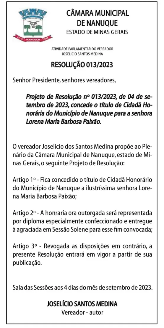 Vereador Joselicio Medina propõe Titulo de Cidadania