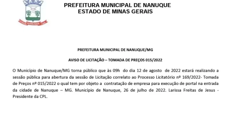 AVISO LICITAÇÃO PMN